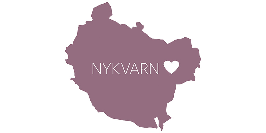Nykvarns kommun i lila siluett, text "Nykvarn" och ett hjärta.